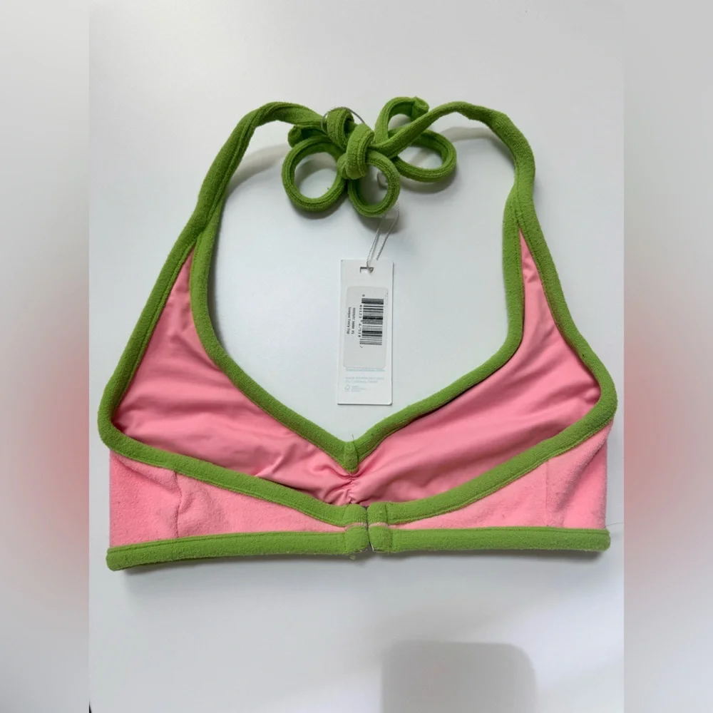 NWT Frankie's Bikinis Sawyer Terry Halter Bikini Top | Pink & Green | XS